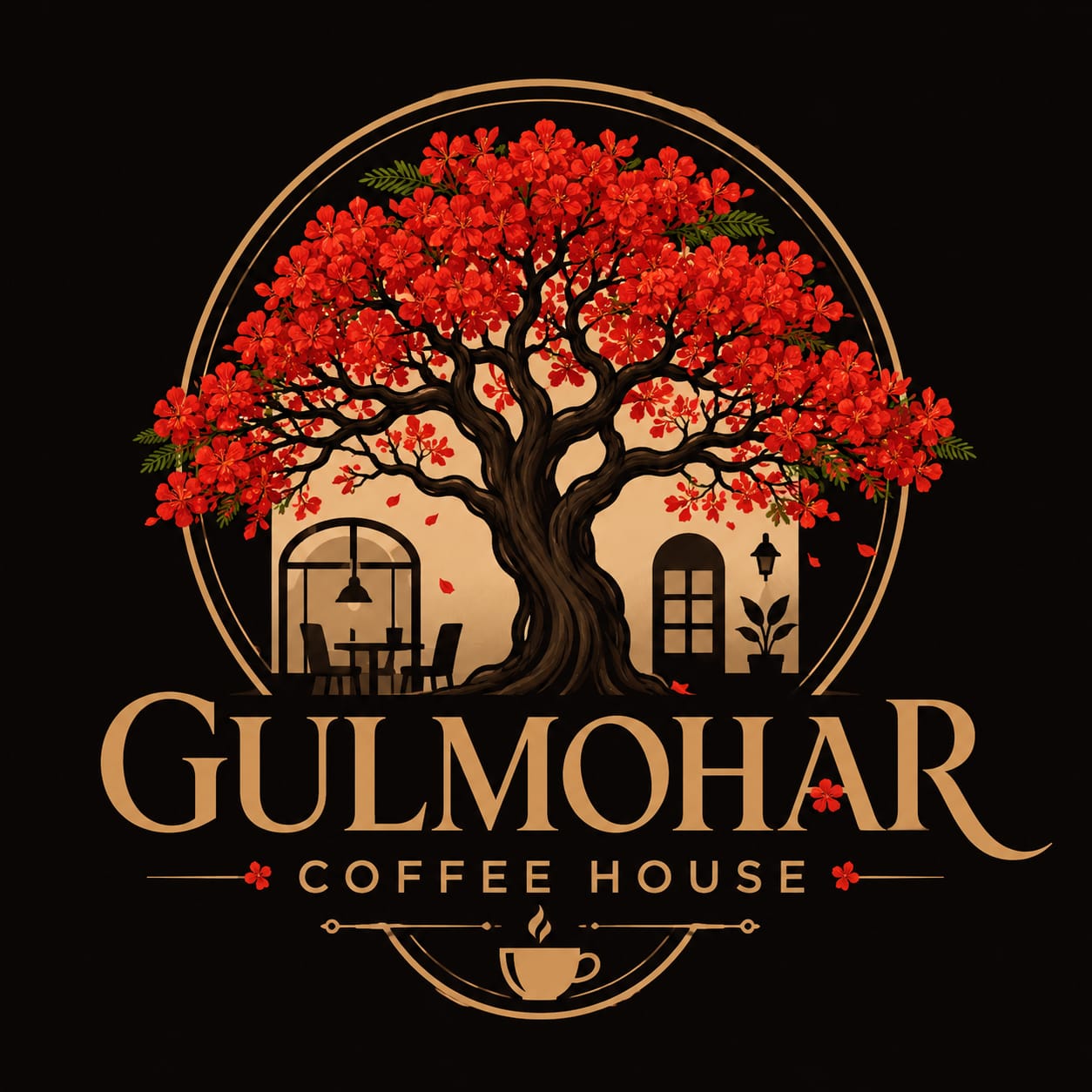 Gulmohar Coffee House logo — a blossoming gulmohar tree over a café doorway